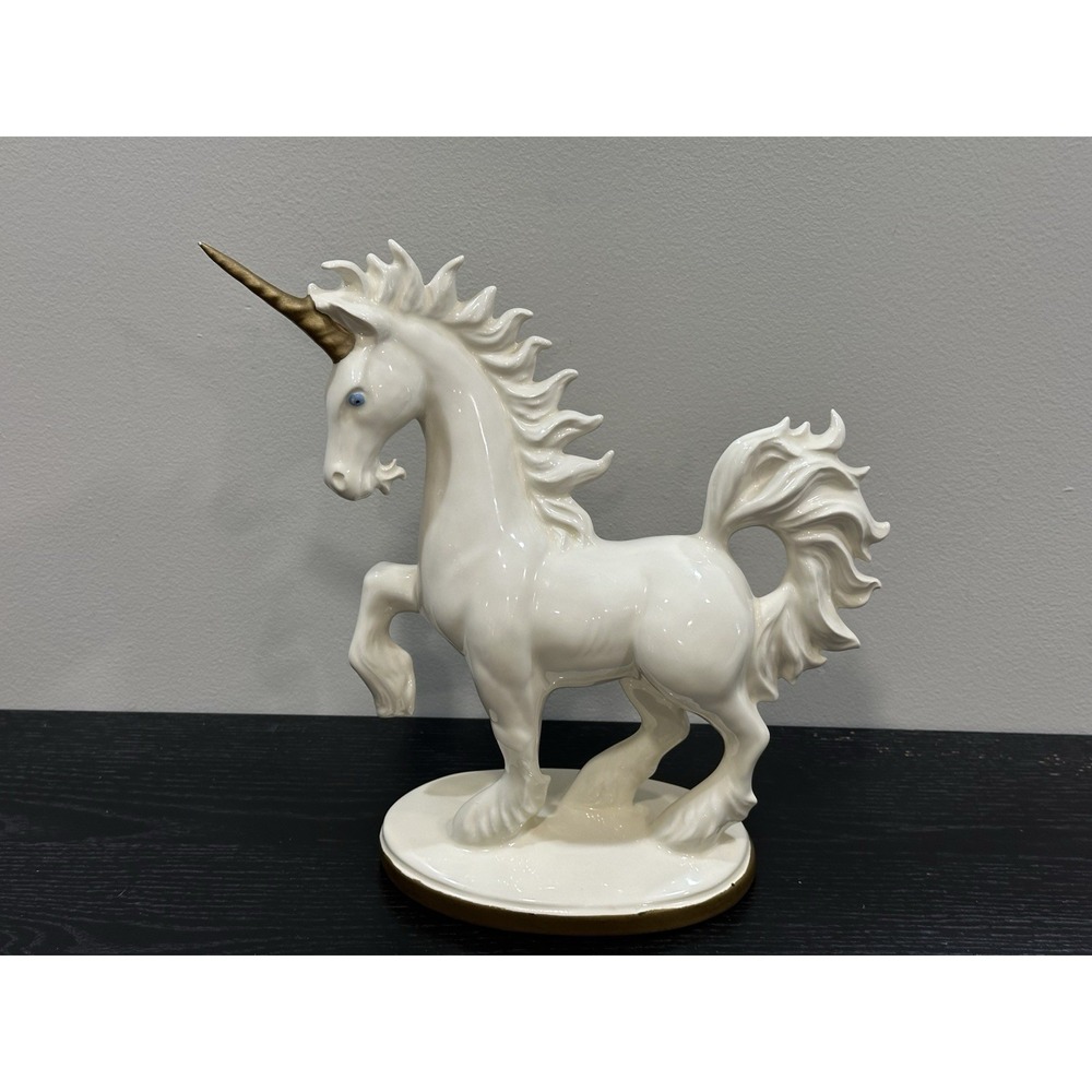 Vintage Studio Art White Glazed Ceramic Standing‎ Unicorn Gold Tone Horn Statue